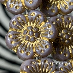 Gray flower beads 14mm 9pc Czech Glass wild rose or anemone flower beads gray and gold