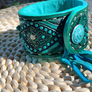 Western Bracelet • Tooled Leather Cuff Bracelet •. Blue and Turquoise Bracelet • Festival Bracelet•  Western cuff bracelet •