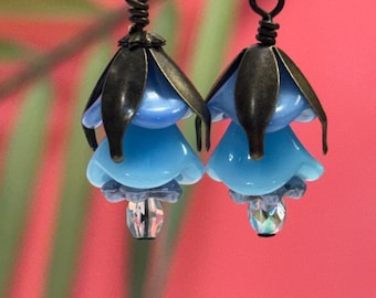 Blue Glass Flower Earrings • Blue Flower Earrings • Czech Glass Beads • Vintage Style Jewelry • Retro Earrings • Gardener Gift