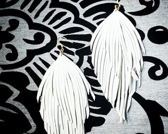 White leather feather earrings Genuine leather, long leather earrings