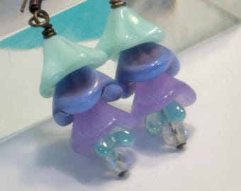 Blue Glass Flower Earrings • Blue and Purple Flower Earrings • Czech Glass Beads • Vintage Style Jewelry • Retro Earrings • Gardener Gift