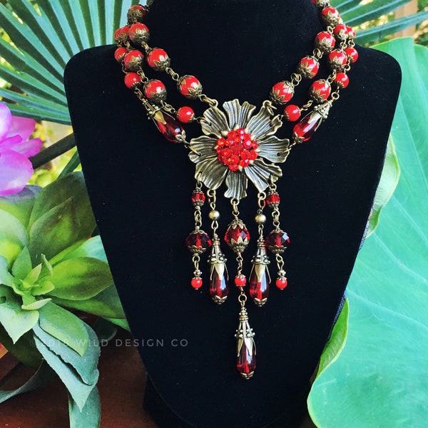 Red bib necklace custom fit choker length w earrings czech glass beads and swarovski crystal one of a kind