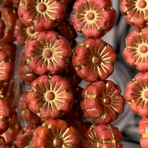 Coral Red flower beads w gold metallic wash 8mm satin opaque red Czech Glass Hawaiian Flower beads 12pc