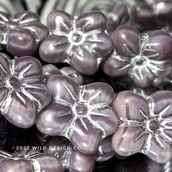 Purple flower beads violet and silver daisy flower beads Czech Glass Puffed 3d Flower beads 10pc