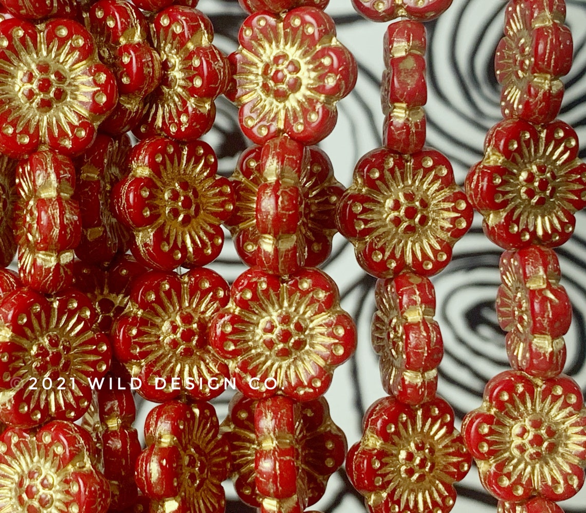 Red flower beads 14mm 9pc Czech Glass wild rose or anemone Etsy