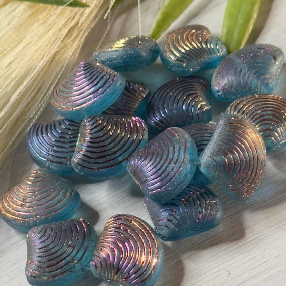 Blue Shell Beads • 8pc • Czech Glass Matte Blue AB Seashell Beads •  Clam Shell Beads • Volcano Finish • Ocean Theme Beads • Beach Beads