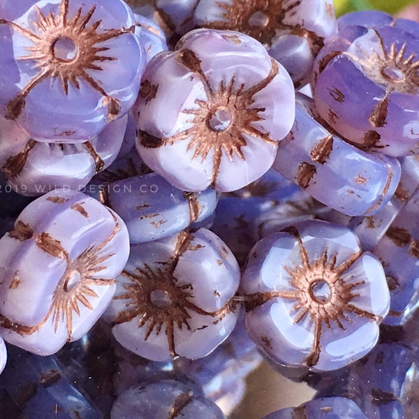 Lavender hibiscus beads Czech Glass Hawaiian Flower beads soft purple silk w Picasso finish 12pc