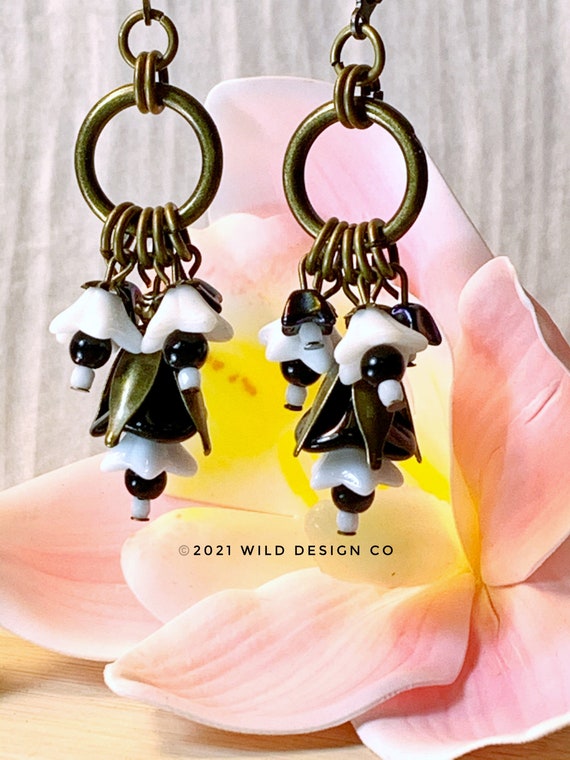Black and White Flower Earrings Czech Glass Bell Flower Earrings