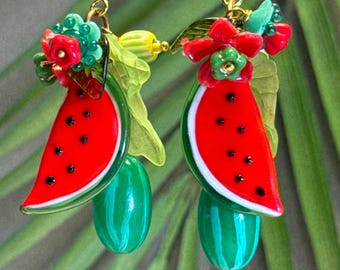 Glass Fruit Earrings • Dangle Fruit Earrings • Czech Glass Watermelon Jewelry • Fruit Jewelry • Carmen Miranda Jewelry • Retro Glam Jewelry