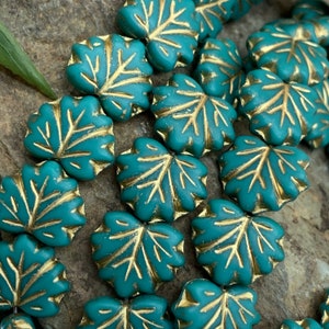 Turquoise green leaf beads 20pc Czech Glass maple or berry leaf Beads blue green and gold beads