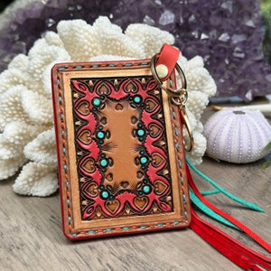 Cartera de tarjeta de cuero • Cartera occidental • Cuero labrado • Cartera minimalista • Mini cartera • Cartera llavero • Cobre coral turquesa