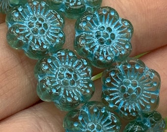 Blue flower beads 14mm 12pc Czech Glass wild rose or anemone flower beads aquamarine blue with blue wash