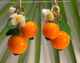 Glass Fruit Earrings • Dangle Fruit Earrings • Czech Glass Orange Jewelry • Fruit Jewelry • Carmen Miranda Jewelry • Retro Glam Jewelry