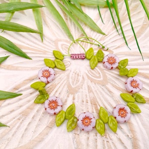 Pink flower bracelet pink , green and copper Czech glass beaded bracelet floral bracelet, adjustable, one of a kind