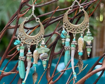 Silver Dentalium Earrings w Turquoise and Vinatage findings • Silver w Turquoise and Dentalium