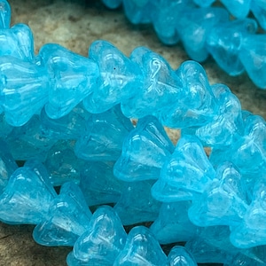 Blue Bell flower Beads 6x8 mm Czech Glass 5 petal blue opaline 25pc bellflower