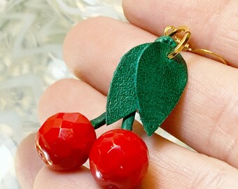 Cherry earrings, Czech glass beads Vintage style glam, glass cherry earrings fruit jewelry