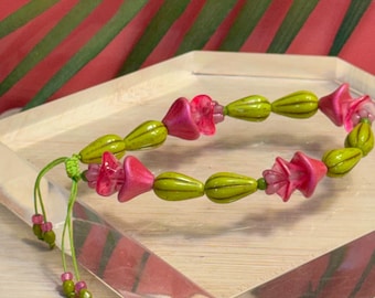 Cactus Bracelet • Czech Glass Pink Cactus Flower Bracelet • Adjustable Knot • Gardener Gift • Christmas Cactus Bracelet • Cowgirl Gift