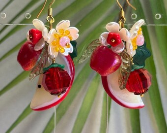 Glass Fruit Earrings • Dangle Fruit Earrings • Czech Glass Apple Jewelry • Fruit Jewelry • Carmen Miranda Jewelry • Retro Glam Jewelry