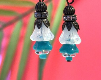 Blue Glass Flower Earrings • Blue and White Flower Earrings • Czech Glass Beads • Vintage Style Jewelry • Retro Earrings • Gardener Gift