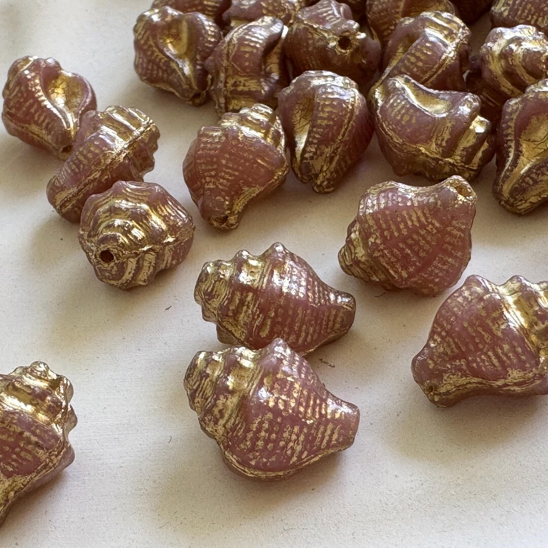 Pink Shell Beads • Czech Glass Snail Beads • Pink Opaline With Gold ...