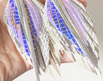 White and silver holographic leather feather earrings Genuine and vegan leather, long leather earrings leather fringe earrings