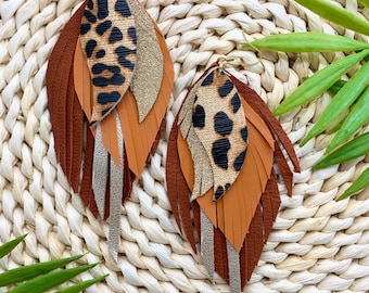 Leopard leather feather earrings Genuine leather, long leather earrings tan gold  and animal print