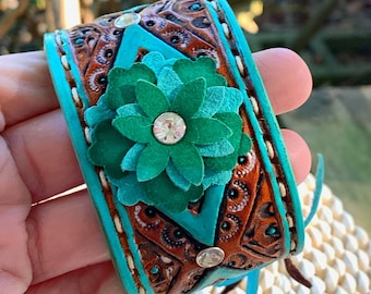 Western Bracelet • Tooled Leather Cuff Bracelet •. Tan and Turquoise Bracelet • Festival Bracelet•  Western cuff bracelet •