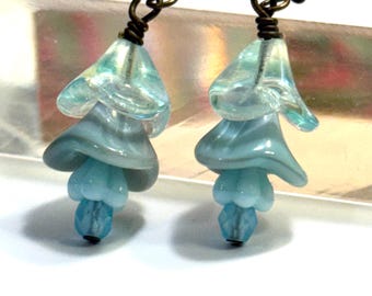 Blue Glass Flower Earrings • Blue Flower Earrings • Czech Glass Beads • Vintage Style Jewelry • Retro Earrings • Gardener Gift
