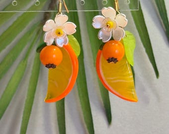 Glass Fruit Earrings • Dangle Fruit Earrings • Czech Glass Orange Jewelry • Fruit Jewelry • Carmen Miranda Jewelry • Retro Glam Jewelry