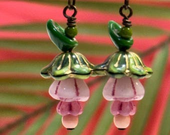 Pink Glass Flower Earrings • Pink and Green Flower Earrings • Czech Glass Beads • Vintage Style Jewelry • Retro Earrings • Gardener Gift