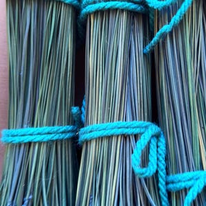 Puede incluir: Primer plano de varios manojos de hierba o cañas secas, atados con una cuerda turquesa brillante. Las hojas de hierba son una mezcla de tonos verdes, azules y grises. La cuerda está anudada de forma segura alrededor de cada manojo, creando una apariencia rústica y texturizada.