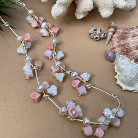 Beautiful Soft Colored Necklace Tie with Flower Motif and Pearls. SS24Prod_Fleurette_Tie_Necklac  main image 3