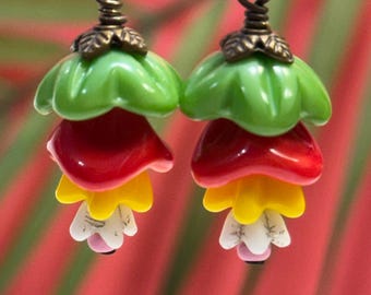 Red Glass Flower Earrings • Pink Yellow Red Flower Earrings • Czech Glass Beads • Vintage Style Jewelry • Retro Earrings • Gardener Gift