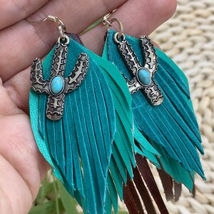 cactus earrings leather earrings Leather fringe earrings Genuine leather long leather earrings silver cactus  turquoise and brown