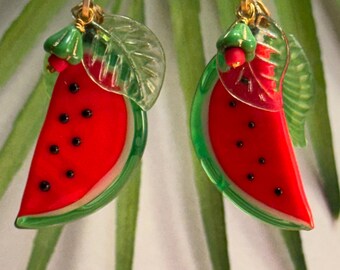 Glass Fruit Earrings • Dangle Fruit Earrings • Czech Glass Watermelon Jewelry • Fruit Jewelry • Carmen Miranda Jewelry • Retro Glam Jewelry