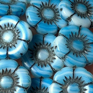 Blue flower beads with white and black 18mm 4pc Czech Glass large flower beads