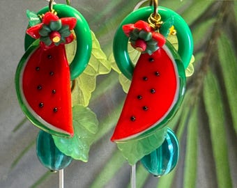 Glass Fruit Earrings • Dangle Fruit Earrings • Czech Glass Watermelon Jewelry • Fruit Jewelry • Carmen Miranda Jewelry • Retro Glam Jewelry
