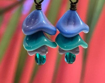 Blue Glass Flower Earrings • Blue and Purple Flower Earrings • Czech Glass Beads • Vintage Style Jewelry • Retro Earrings • Gardener Gift