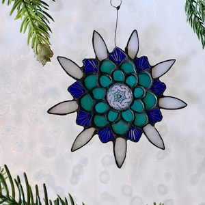 Stained glass snowflake ornament or sun catcher stained glass and czech gems white and blue snowflake holiday gift