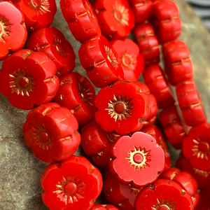 Red flower beads 8mm red Czech Glass Hawaiian Flower beads 10pc Tiny hibiscus beads Red and Copper