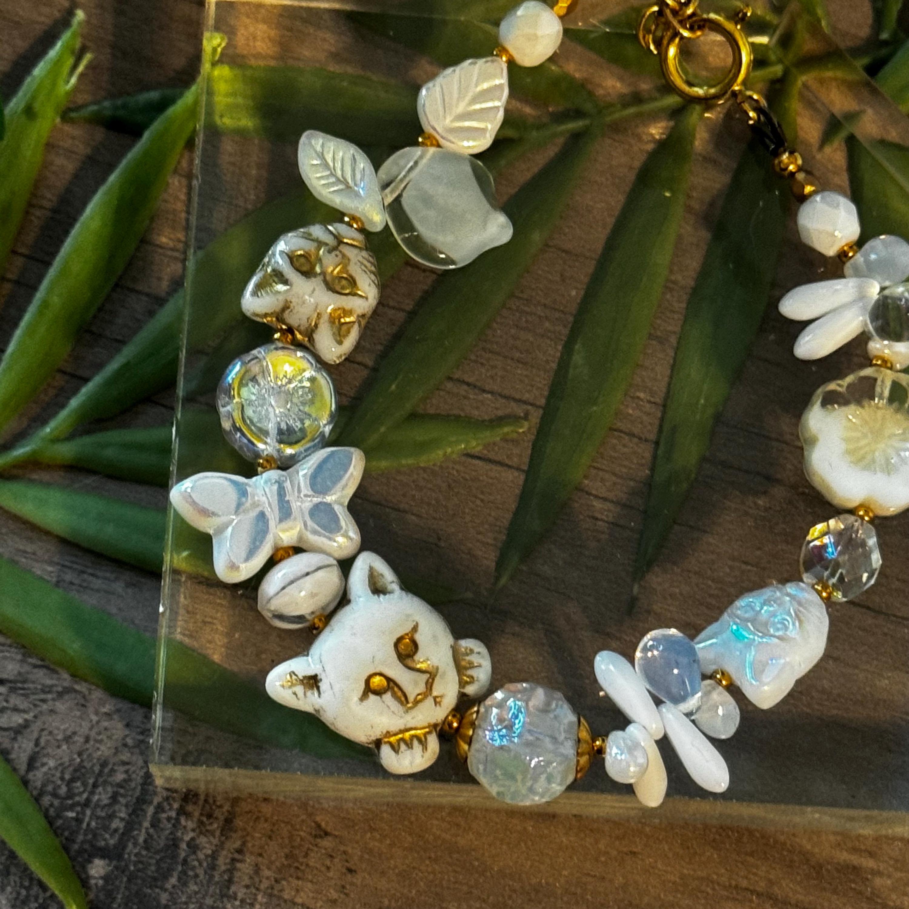 White Cat Bracelet • Czech Glass Cat Bracelet • White Cat Jewelry