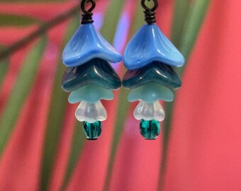 Blue Glass Flower Earrings • Blue Flower Earrings • Czech Glass Beads • Vintage Style Jewelry • Retro Earrings • Gardener Gift
