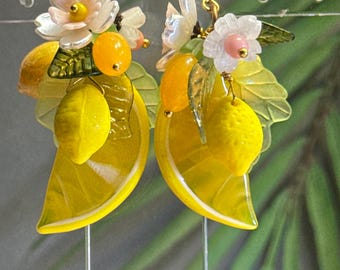 Glass Fruit Earrings • Dangle Fruit Earrings • Czech Glass Lemon Jewelry • Fruit Jewelry • Carmen Miranda Jewelry • Retro Glam Jewelry