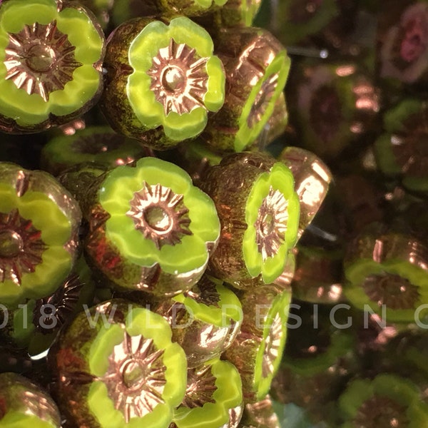 Lime green beads w metallic finish 9mm Czech Glass Hawaiian Flower Beads 12pc