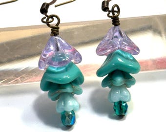 Blue Glass Flower Earrings • Blue and Purple Flower Earrings • Czech Glass Beads • Vintage Style Jewelry • Retro Earrings • Gardener Gift