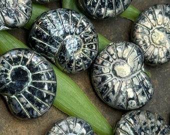 Black shell beads • Czech glass snail beads • Black w silver metallic and Picasso wash• Czech glass seashell beads • Nautilus beads • 10pc