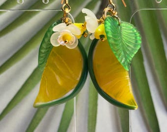 Glass Fruit Earrings • Dangle Fruit Earrings • Czech Glass Lime Jewelry • Fruit Jewelry • Carmen Miranda Jewelry • Retro Glam Jewelry