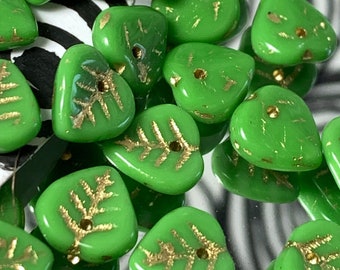 Bright Green leaf beads Czech Glass green and gold Pendant style beads 20pc