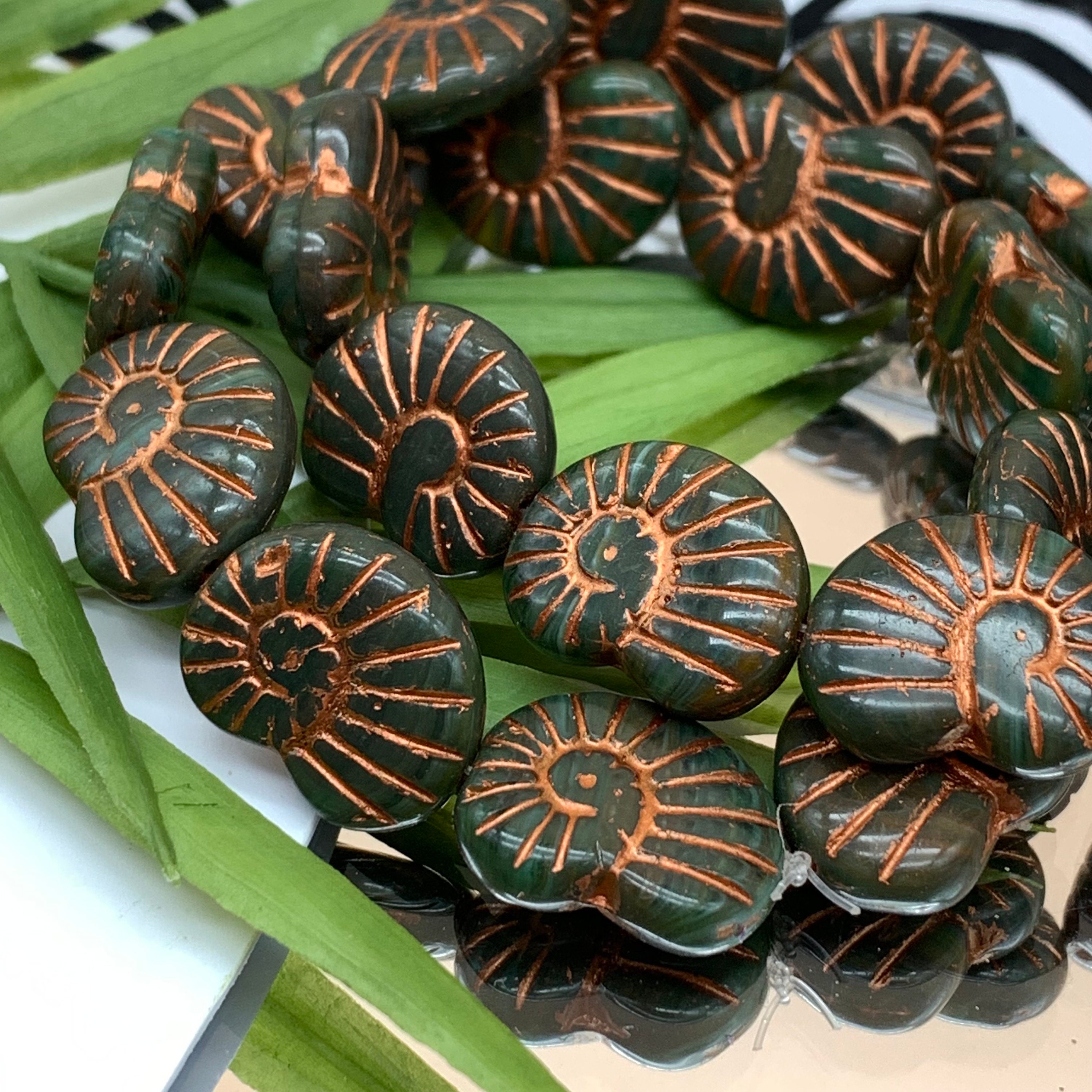 Green Shell Beads 10pc Czech Glass Snail Beads Green W Picasso Wash and ...